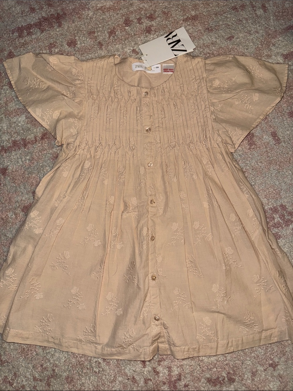 Zara Ecru Embroidered Button-Front Dress - Size 3/4 NWT